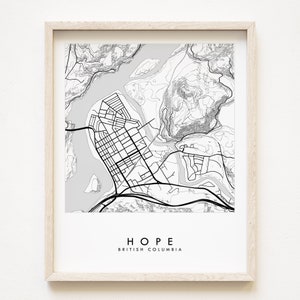 Hope BC Carte topographique dessinée à la main Carte des rues du Canada Dessin de carte de la ville du Canada en noir et blanc (impression d'art) Mariage Voyage Colombie-Britannique