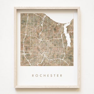 Mapa de ROCHESTER Impresión de lavado de acuarela Plano de la ciudad de NUEVA YORK (Impresión artística) Aniversario de bodas de graduación Regalo de agente inmobiliario Lago Ontario Río Genessee