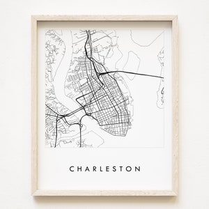 CHARLESTON kaart South Carolina stadskaart tekening zwart wit (kunstafdruk) huwelijksverjaardag afstudeercadeau reizen laagland muur decor