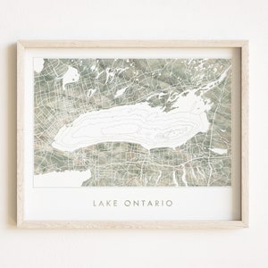 Carte topographique peinte dessinée à la main du lac ONTARIO New YORK (impression d'art) Mariage Grands Lacs Kingston Syracuse Toronto Rochester