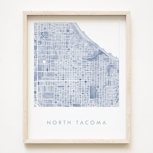 NORTH TACOMA Neighborhood Map Blau Aquarell Druck WASHINGTON Stadtplan (Kunstdruck) Pazifischer Nordwesten Puget Sound Lokales Dekor North End pnw