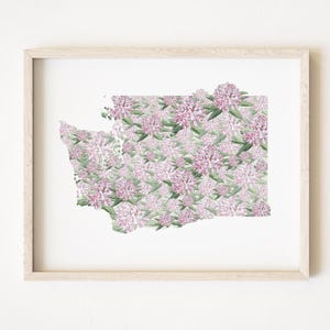 WASHINGTON staat bloemenkaart aquarel kust rododendron (kunstprint) kaart muur afstuderen bruiloft makelaar bewegende bloemen kaart Moederdag cadeau