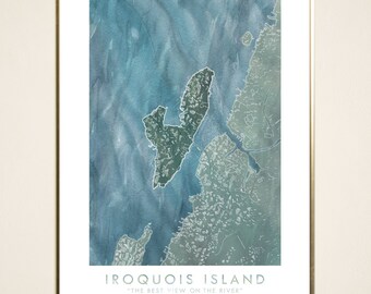 Thousand Islands IROQUOIS ISLAND Hand Painted Landscape Watercolor Map (Art Print)  St Lawrence River Northern New York