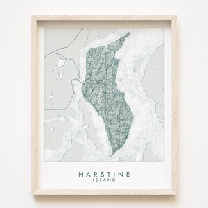 HARSTINE ISLAND kaart handgetekende topografische kaart WASHINGTON bathymetrische kaart tekening (Art Print) Home cadeau Puget Sound vakantie verhuur decor
