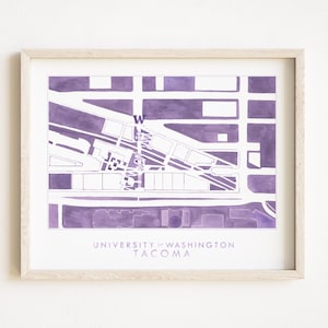 UW Tacoma Campus handgeschilderde aquarel kaart (Art Print) University of Washington Campus plan afstudeercadeau faculteit leraar College Decor