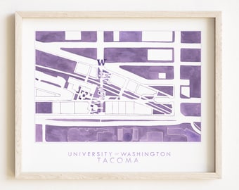 UW Tacoma Campus Hand Painted Watercolor Map (Art Print) University of Washington Campus Plan Graduation Gift Faculty Teacher College Decor