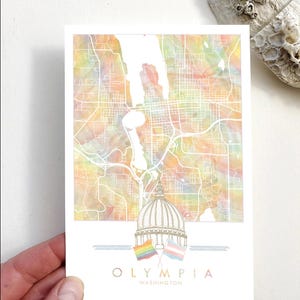 OLYMPIA Rainbow Pride Map Standard POSTCARD Washington City Map Capitol dome Trans Flag Wedding Favor Swag Graduation Moving Gift Penpal