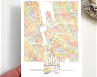 OLYMPIA Rainbow Pride Map Standard POSTCARD Washington City Map Capitol dome Trans Flag Wedding Favor Swag Graduation Moving Gift Penpal