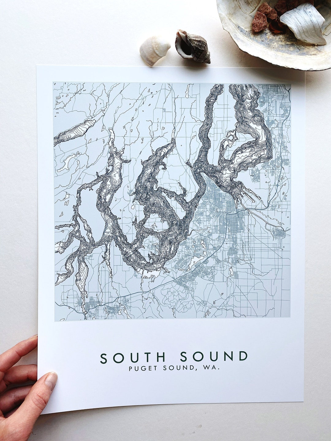 SOUTH Puget SOUND Map Hand Drawn Topographic Map WASHINGTON Bathymetric ...