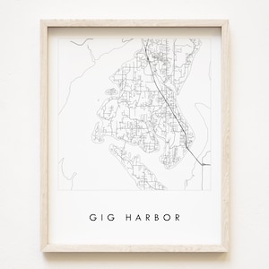 GIG HARBOUR Map Handgezeichnete Straßenkarte WASHINGTON Stadt Karte Zeichnung Schwarz Weiß (Kunstdruck) Hochzeit Umzug Geschenk Wohnung Deko Fox Island