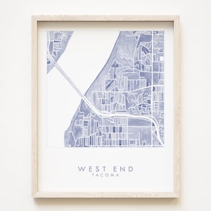 West End TACOMA Neighborhood Map Blau Aquarell Druck WASHINGTON Stadt Plan (Kunstdruck) pazifischer Nordwesten PNW Nallows Puget Sound Lokale Deko