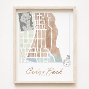 CEDAR PARK Seattle buurt kaart aquarel print WASHINGTON City Block Plan (Art Print) Pacific Northwest Puget Sound muur lokaal decor