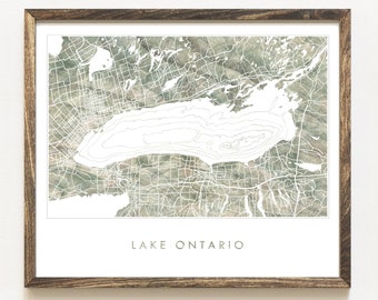 Lake ONTARIO Map Hand Drawn Painted Topographical Map New YORK (Art Print) Wedding Great Lakes Kingston Syracuse Toronto Rochester