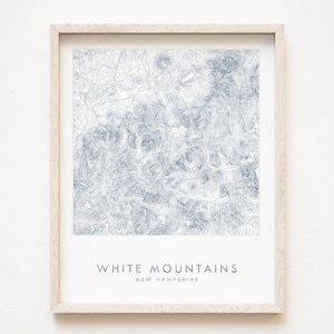 White Mountains New HAMPSHIRE Handgemalte topografische Karte in Blau (Kunstdruck) Hochzeit Wanderkarte Abenteurer Geschenk