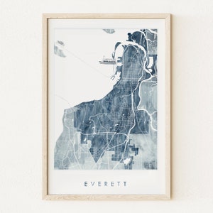 May include: A watercolour map of Everett, Washington, in shades of blue. The map shows the city's streets, waterways, and surrounding areas. The word "EVERETT" is printed in white at the bottom of the map.