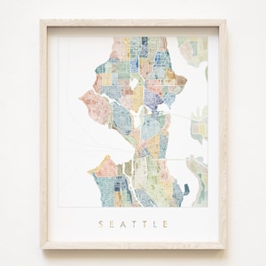 SEATTLE Stadtteile Map Bunte Aquarell-Karte WASHINGTON Stadtplan (Kunstdruck) Realtor Hochzeitsgeschenk QueenAnne Capstolill Fremont
