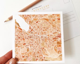 SYRACUSE NY Watercolor Map POSTCARD New York "Seconds" City Map Block Plan Wedding Realtor Graduation Moving Gift Penpal