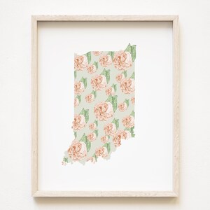 Indiana staat bloem kaart aquarel pioenroos (kunstprint) kaart muur afstuderen huwelijksverjaardag makelaar verhuizen cadeau Midwest Indianapolis