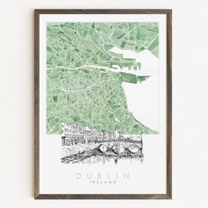 Carte aquarelle de DUBLIN et impression de croquis architecturaux Plan d'îlot (impression d'art) Irlande Remise des diplômes Mariage Anniversaire cadeau Voyage
