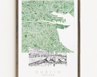 DUBLIN Watercolor Map and Architectural  Sketch Print City Block Plan (Art Print) Ireland Graduation Wedding Anniversary Gift Travel