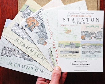 STAUNTON POSTCARDS (Pack of 8) Staunton Virginia Architectural City Map Drawings Shenandoah Valley Blue Ridge Wedding Guest Gift Souvenir