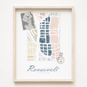 Carte du quartier de Seattle ROOSEVELT, impression aquarelle Plan d'îlot de la ville de WASHINGTON (impression d'art) Centre-ville de Seattle, carte murale Cadeau pour agent immobilier local
