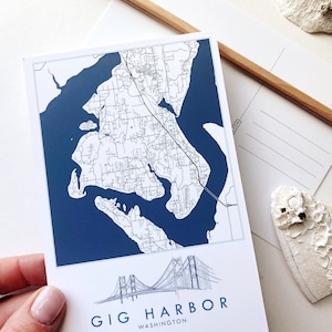 Carte « Plan » dessinée à la main GIG HARBOUR CARTE POSTALE Standard Washington Puget Sound faveur de mariage Swag agent immobilier déménagement Correspondant cadeau de remise des diplômes