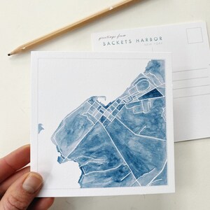 SACKETS HARBOR Watercolor Map POSTCARD Northern New York Town Map Barracks Plan Wedding Realtor Graduation Moving Gift Penpal