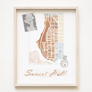 SUNSET HILL Seattle buurtkaart aquarel print WASHINGTON City Block Plan (Art Print) Magnolia Seattle kaart muur lokale makelaar cadeau