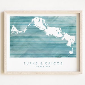 TURKS AND CAICOS kaart handgeschilderde aquarel kaart print topografische (kunstdruk) verjaardag huwelijkscadeau Caribisch eiland reizen bruiloft
