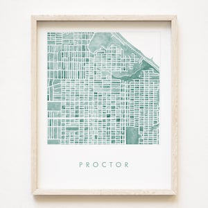 Carte du quartier de PROCTOR North TACOMA, impression aquarelle bleu sarcelle, plan d'îlot de la ville de WASHINGTON (impression d'art) Nord-ouest du Pacifique, décor Puget Sound