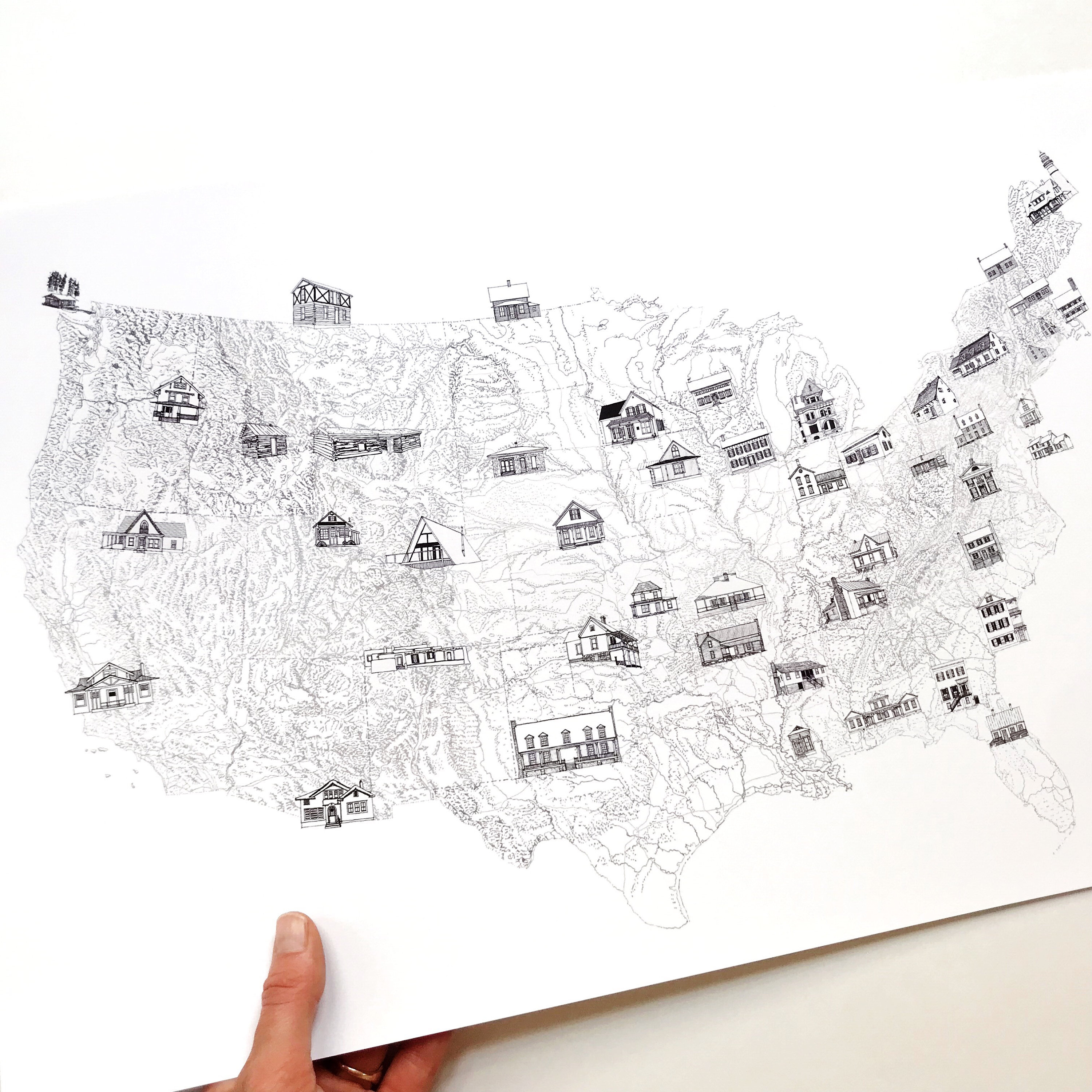 AMERICAN Homescape Map Drawing (art Print) State Tree Architecture Home ...