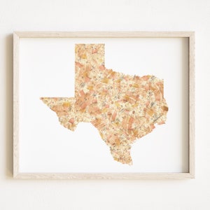 TEXAS State kaart stedelijke stof aquarel textuur schilderij USA (Art Print) kaart muur afstuderen bruiloft verjaardag makelaar geschenk
