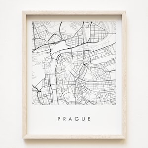 Kaart van PRAAG Handgetekende stratenplan TSJECHISCHE REPUBLIEK Stadskaart tekening zwart-wit (Art Print) huwelijkscadeau Europese reiskaart wanddecoratie