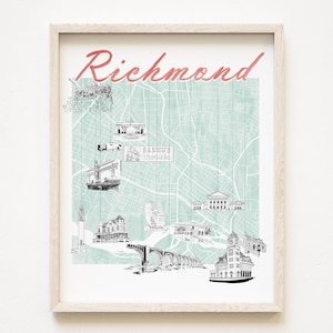 RICHMOND Charms Mapa de la ciudad de lugares emblemáticos (impresión en acuarela + bocetos de tinta originales) VIRGINIA Art Wedding Graduate Realtor Moving Gift Map Wall