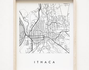 Straßenkarte von Ithaca, Stadtplan von New York, Zeichnung in Schwarz-Weiß (Kunstdruck), Cornell-Abschlussfeier, Cayuga-See