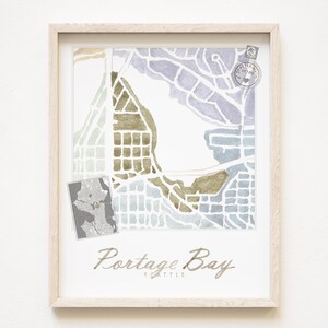 PORTAGE BAY Seattle buurtkaart aquarel print WASHINGTON City Block Plan (Art Print) Downtown Seattle kaart muur lokale makelaar cadeau