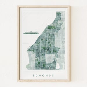 Mapa artístico de acuarela de Washington de EDMONDS (impresión artística) Agente inmobiliario de Edmonds Mudanza Regalo de bodas Decoración de pared de la ciudad natal Ferry de Puget Sound