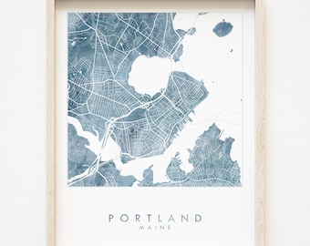 Carte de PORTLAND Maine lavage aquarelle carte impression plan d'îlot (impression d'art) diplôme universitaire mariage agent immobilier cadeau décoration du nord-est de la Nouvelle-Angleterre