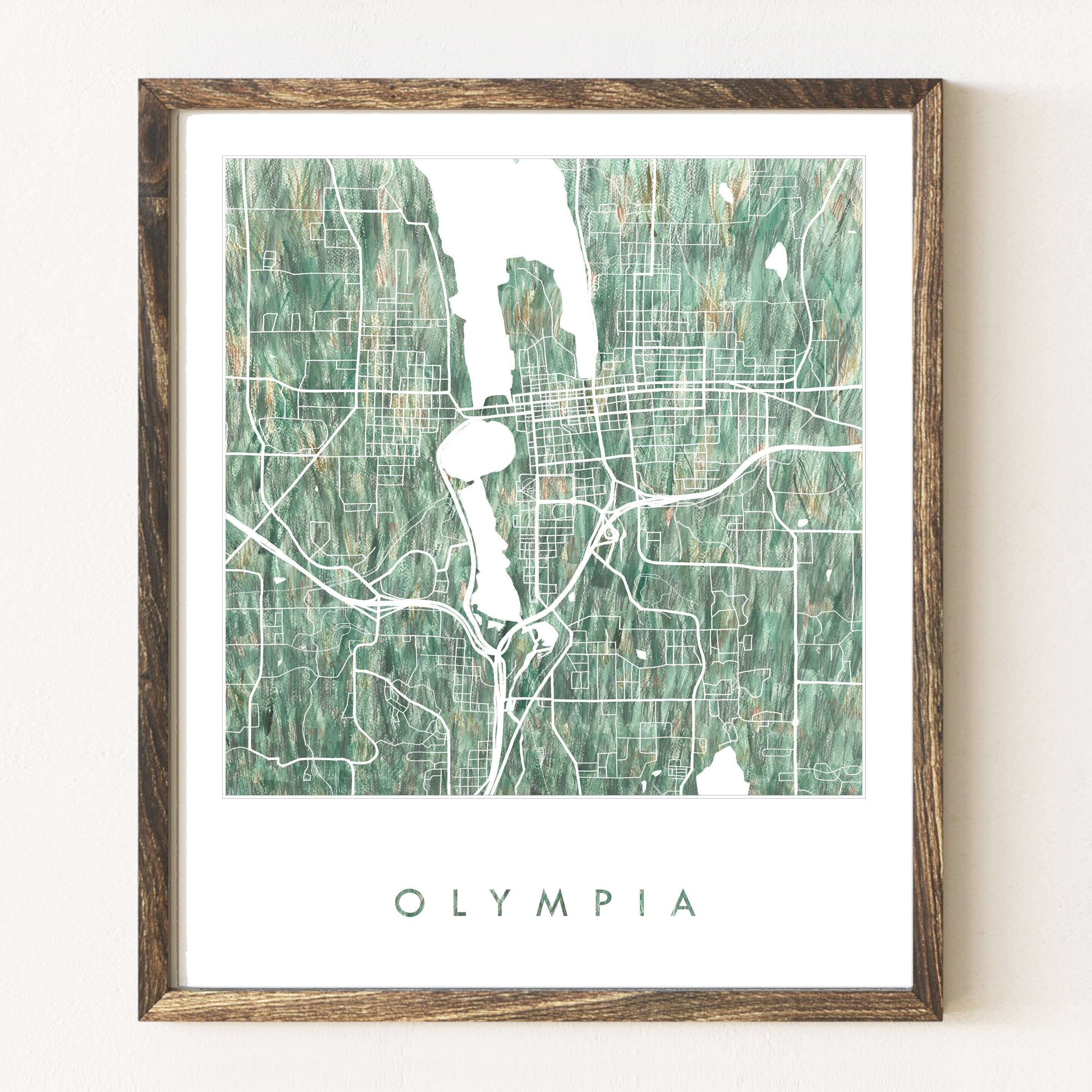 OLYMPIA Map Urban Fabric Watercolor Texture Painting WASHINGTON City Plan (Art Print) Travel Wedding Anniversary Realtor Moving Gift Grass