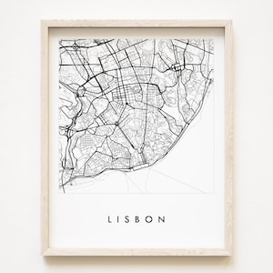 LISSABON kaart hand getekende stratenplan PORTUGAL stadsplattegrond tekening zwart-wit (Art Print) huwelijksverjaardag cadeau Europees reisdecor