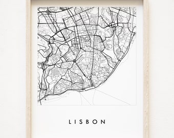 Kaart van Lissabon, handgetekende stratenkaart, stadsplattegrond van Portugal, zwart-wit tekening (kunstprint)