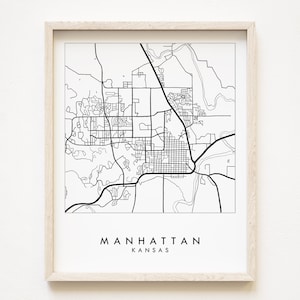 MANHATTAN Street Map KANSAS Mapa de la ciudad Dibujo en blanco y negro (Impresión de arte) Fort Riley Wedding Realtor Military Moving Gift