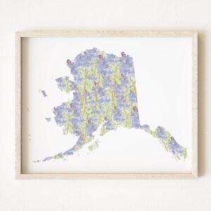 ALASKA staat bloemenkaart aquarel vergeet-mij-nietje (kunstafdruk) kaart muur afstuderen bruiloft verjaardag makelaar verhuizen cadeau Yukon kaart muur