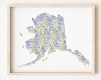 ALASKA State Flower Map Watercolor Forget-me-not (Art Print) Map Wall Graduation Wedding Anniversary Realtor Moving Gift Yukon Map Wall