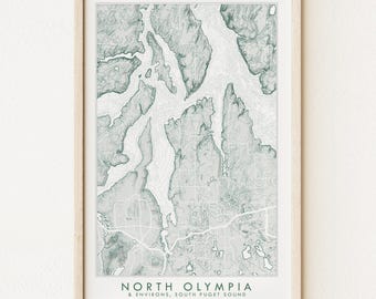 Mapa batimétrico topográfico de NORTH OLYMPIA Washington (impresión artística) Budd Inlet Nisqually Squaxin Isla Harstine Costa noroeste del Pacífico