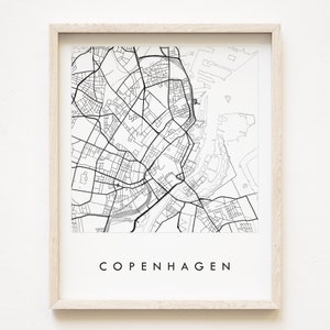 KOPENHAGEN kaart handgetekende stratenplan DENEMARKEN stadskaart tekening zwart-wit (kunstafdruk) huwelijksverjaardag cadeau Europese reizen afdrukken