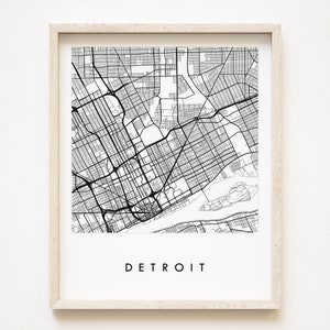 DETROIT kaart stratenplan MICHIGAN stadskaart tekening zwart-wit (Art Print) Motor City Rust Belt Great Lakes bruiloft makelaar cadeau