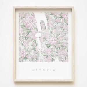 OLYMPIA Karte Rhododendren Naturkarte Gemälde WASHINGTON (Kunst Druck) Flora Hochzeit Makler Umzug Geschenk pazifischer Nordwesten Puget Sound
