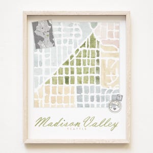 MADISON VALLEY Seattle buurtkaart aquarel print WASHINGTON City Block Plan (Art Print) Downtown Seattle kaart muur makelaar cadeau lokaal